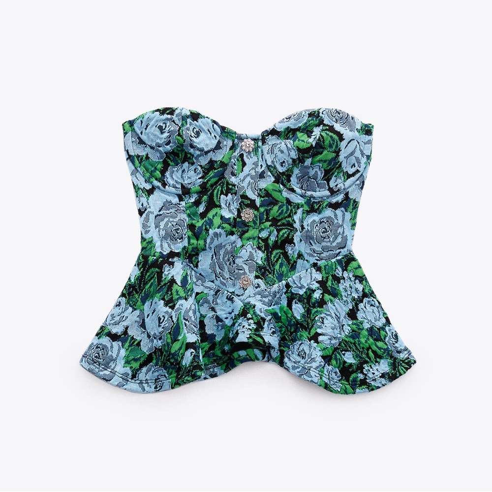 ZARA BLOGGER Blue Green Texture Floral Jewel Button Strapless Peplum Bustier Top